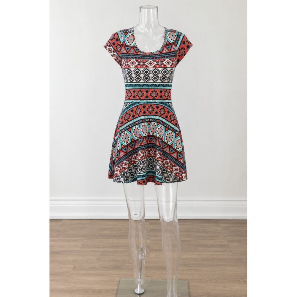 Vtg Bobbie Brooks Tribal Print Mini Dress Small Y2K Boho Fairycore Skater Dress